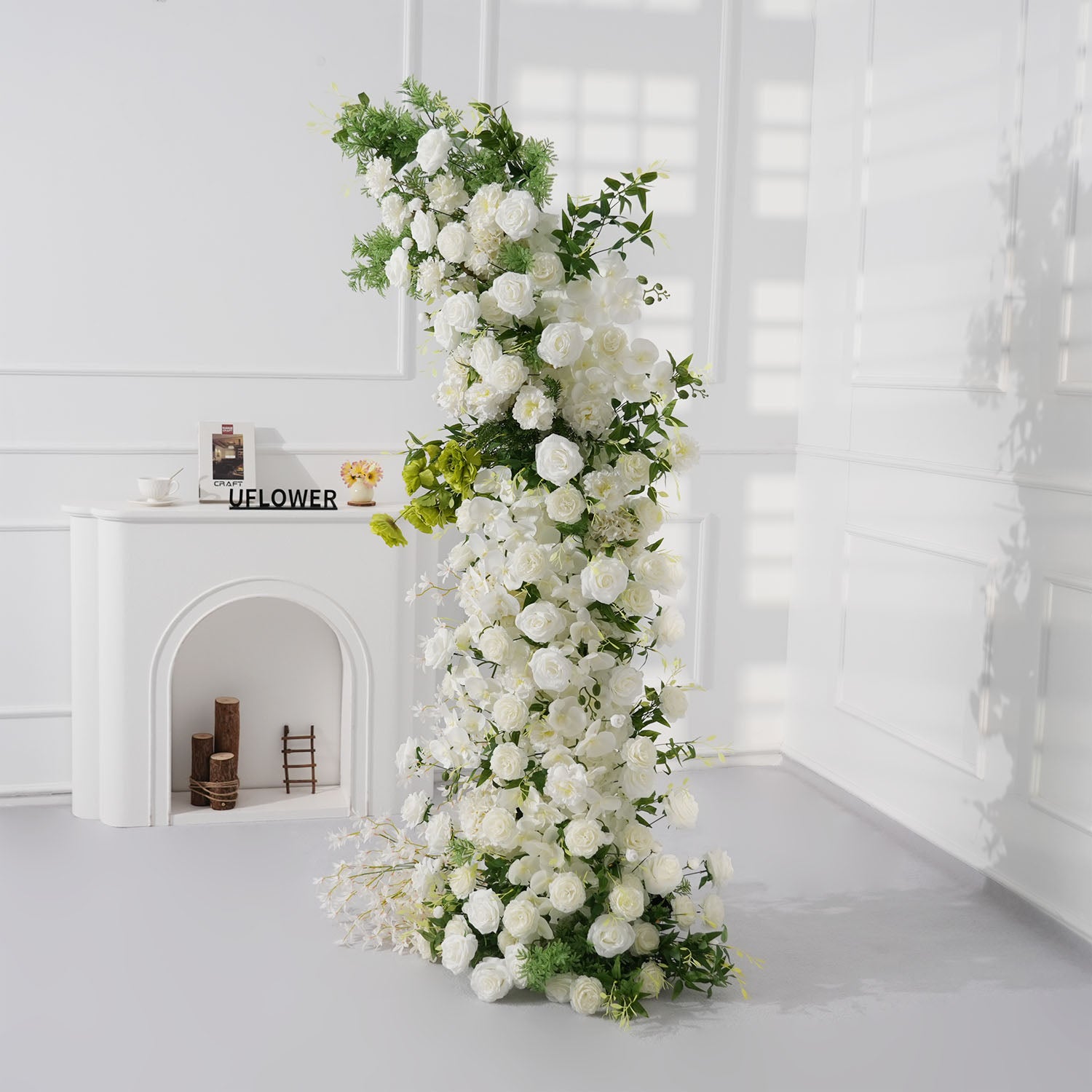 Uflower White Rose Green Leaf Floral Horn Arch Wedding Party Backdrop Decor